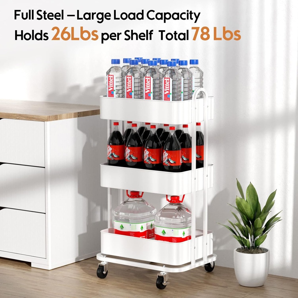 Ceayell 3-Tier Full Metal Utility Rolling Cart for Storage Organizer Cart for Office, Bathroom, Kitchen (White)