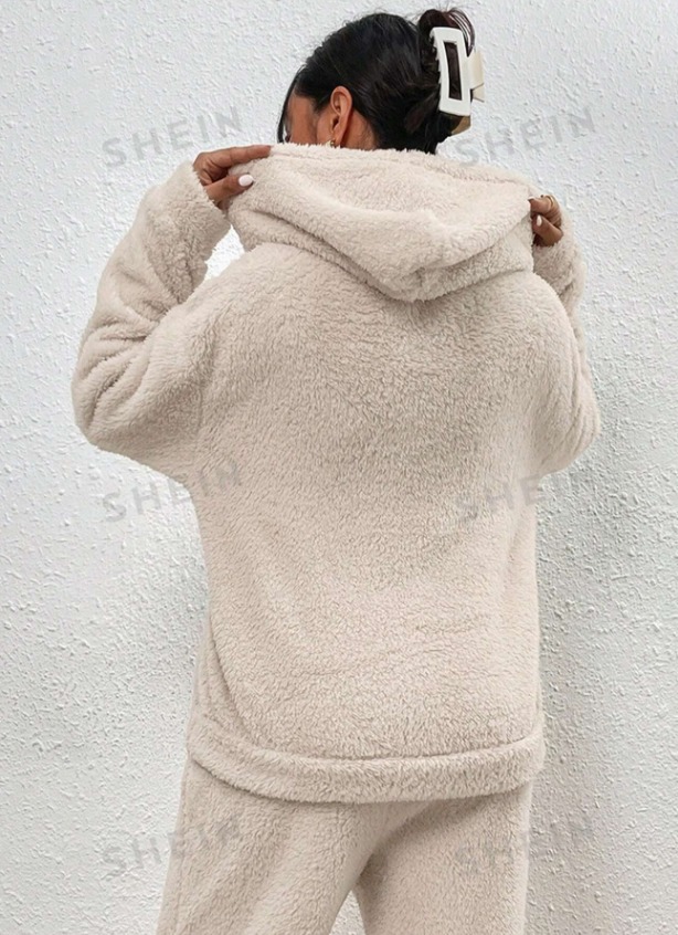 Frenchy Drop Shoulder Kangaroo Pocket Teddy Hoodie
