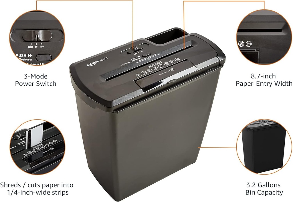 Destructora de 8 hojas de papel cortado en tiras, CD y tarjeta de crédito de Amazon Basics para la oficina en casa