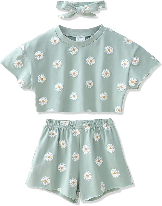WESIDOM Ropa para niñas pequeñas, trajes para niñas de 6M-5T, camisa con estampado floral de verano, pantalones cortos, diadema, 3 piezas, ropa de bebé