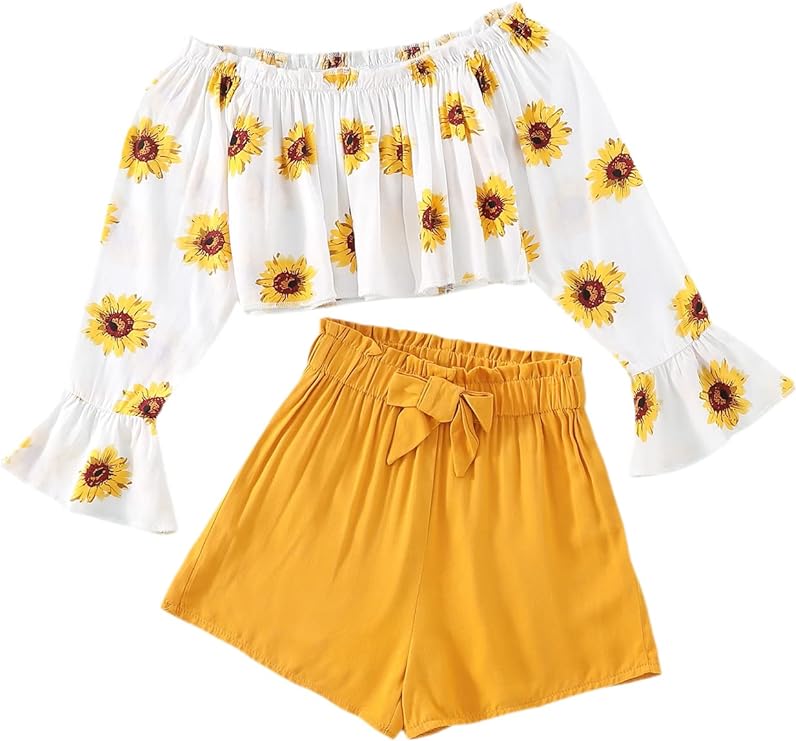 SOLY HUX Conjunto de 2 piezas para niña, camiseta de manga larga y pantalones cortos con estampado floral bohemio para niñas