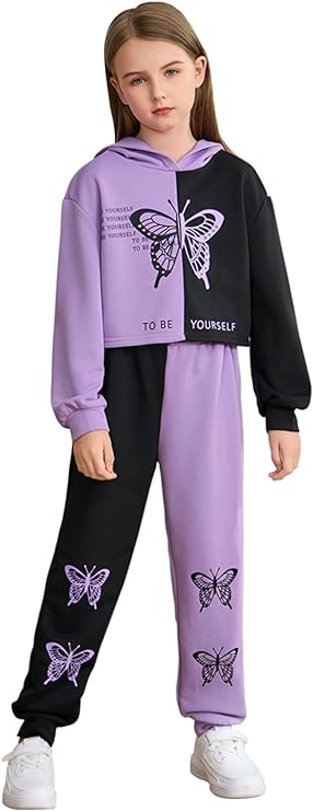 SOLY HUX Conjunto de 2 piezas para niña con estampado de mariposas y sudadera de manga larga con capucha y pantalones deportivos