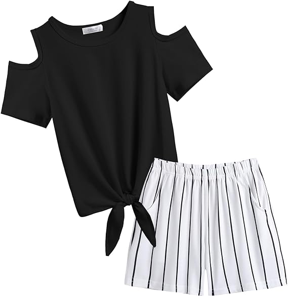 Arshiner Conjunto corto de 2 piezas para niñas, camisetas de manga corta con nudo de corbata y pantalones cortos casuales con bolsillos