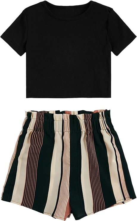 SOLY HUX Girl's Summer 2 Piece Outfits Short Sleeve Crop Top and Cute Print Shorts Sets Cute Clothing Set