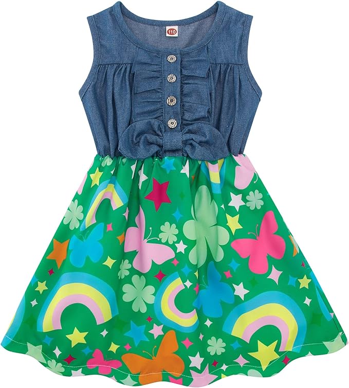 Enlifety - Vestidos de princesas para niñas pequeñas, sin mangas, blusa de mezclilla y faldas de tutú con estampado floral, vestido de verano de una pieza 2-8T