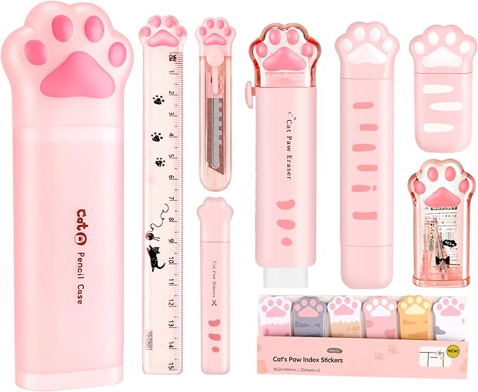 PANDENNER Bonitos suministros escolares, bonitos artículos de papelería japoneses para niños, incluye sacapuntas, borrador, cinta de corrección, regla, mini tijeras, cuchillo utilitario, para