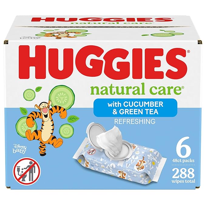 Toallitas refrescantes para bebés Natural Care de Huggies. Toallitas para pañales, hipoalergénicas, perfumadas, 6 paquetes con tapa en la parte superior (288 toallitas en total)