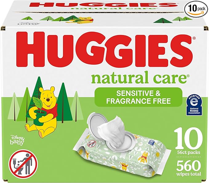 Huggies Natural Care Sensitive - Toallitas para bebé, sin perfume, hipoalergénicas, 99 % de agua purificada, 10 paquetes abatibles (560 toallitas en total)