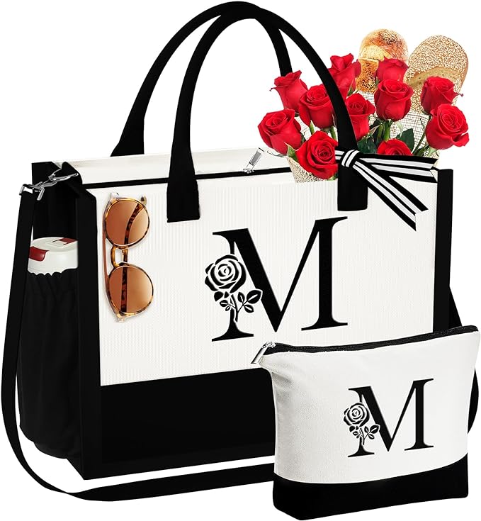 YOOLIFE Regalos para mujeres – Bolsa de lona con inicial y bolsa de maquillaje, correa ajustable, regalo de cumpleaños para el día de la madre para mujeres y ella