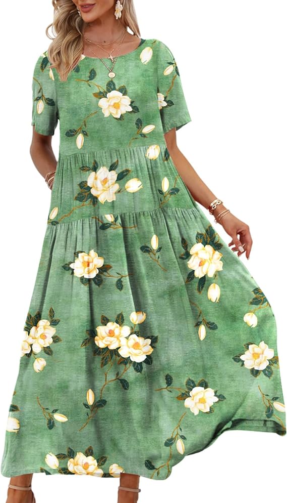 YESNO Vestido casual suelto floral bohemio con bolsillos de manga corta largo maxi verano playa swing vestidos EJF