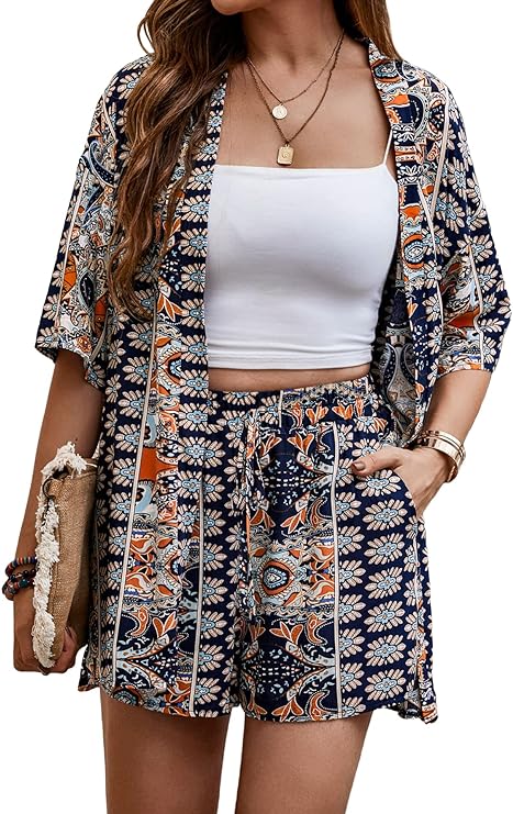 MakeMeChic Conjunto de 2 piezas para mujer, estilo bohemio, blusa tipo kimono y pantalones cortos con parte delantera abierta