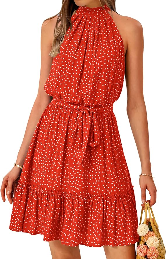 BTFBM - Vestido de verano para mujer, cuello halter, sin mangas, casual, floral, lunares, estampado de leopardo, corto, bohemio, con volantes