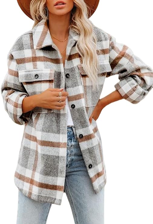 Beaully - Chamarras casuales a cuadros para mujer, de franela cepillada, con botones, camisa con bolsillos
