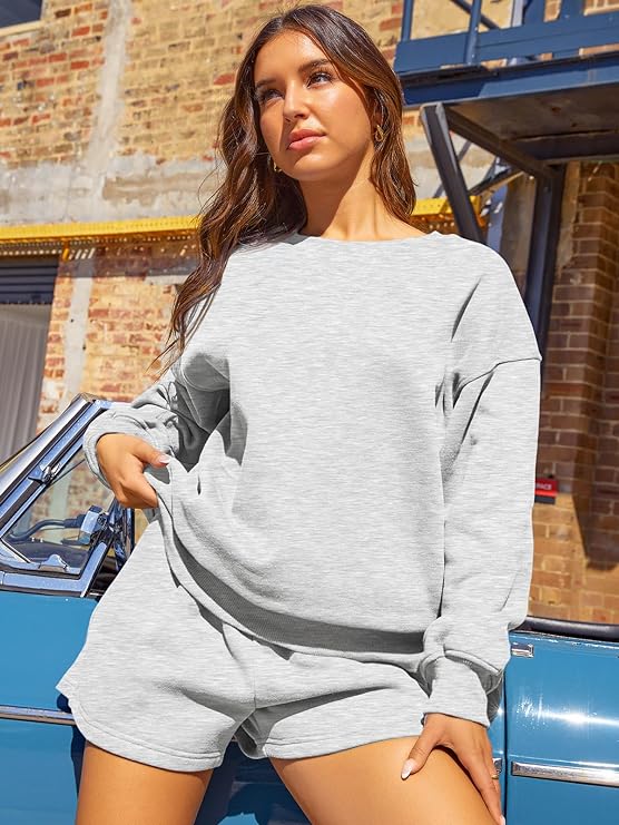 AUTOMET Womens Two Piece Outfits 2 Piece Lounge Matching Sets Fleece Sweatsuit Sweat Shorts Fashion Fall Clothes Sweatshirt