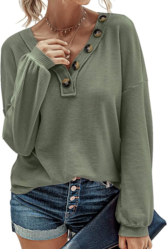 Blusa de punto gofre para mujer, con cuello en V, de manga larga, informal, corte suelto, de color liso, con botones decorativos y ligera