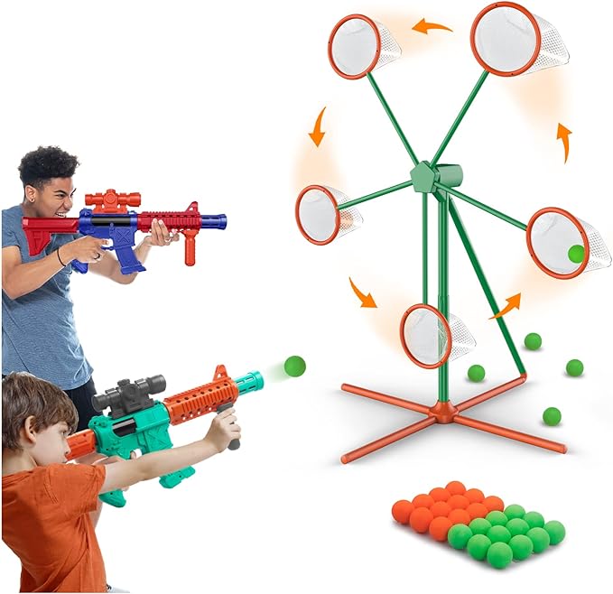 Juegos de disparos para niños de 5, 6, 7, 8, 9 y 10 años en adelante, juego deportivo y al aire libre con objetivo de disparo en movimiento y 2 pistolas de juguete de aire Popper y 24 bolas de espuma,