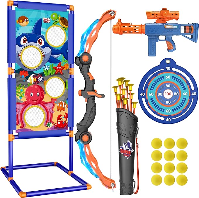 KKONES Juego de arco y flecha para niños, juguete de disparo 2 en 1, juego de tiro con luz LED con arco y pistola de aire, bolas de espuma, flechas de ventosa, objetivo, carcaj, juguetes para
