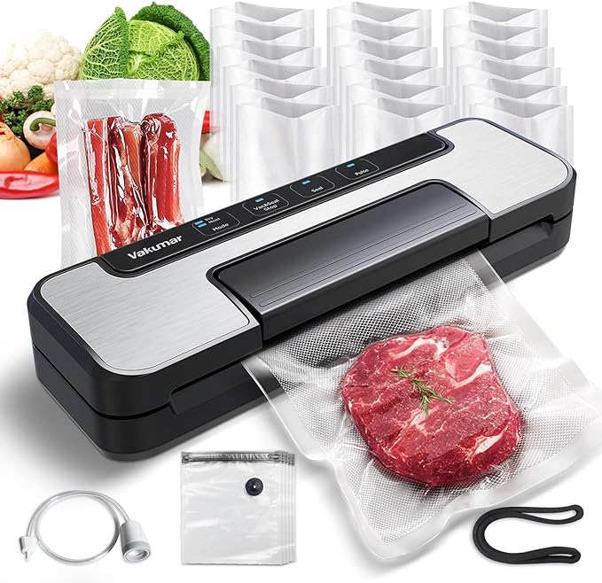 Vakumar Máquina selladora al vacío, máquina selladora al vacío de alimentos de 80Kpa con bomba doble, seca/húmeda, modo de pulso, diseño bloqueado con mango, luz indicadora LED y cortador, tira de