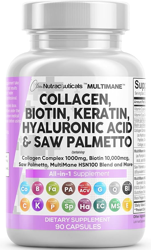 Pastillas de colágeno de 1000 mg de biotina, 10000 mcg, queratina Saw Palmetto 2500 mg de ácido hialurónico, vitaminas para el cabello, la piel y las uñas, bloqueador de DHT con vitamina E, ácido