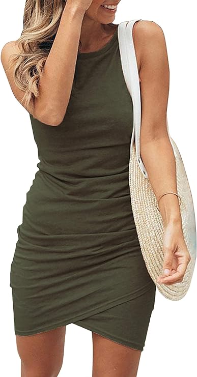 BTFBM Vestido de verano sin mangas, para mujer, ajustado, corto, informal, fruncido, entallado y con cuello redondo, para fiesta o discoteca