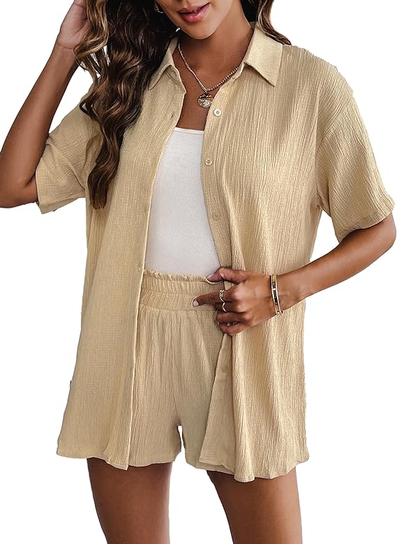 Ekouaer Conjunto de pijama casual de 2 piezas para mujer, camisa con botones y pantalones cortos con bolsillos