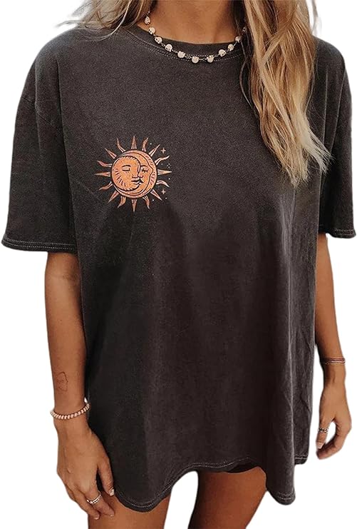 Remidoo - Camiseta de manga corta y cuello redondo para mujer, con teñido anudado y estampado del sol y la luna, estilo informal, divertido, camiseta bonita para chicas adolescentes