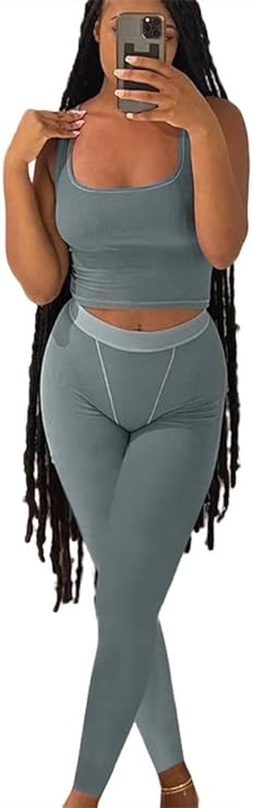 Conjunto de entrenamiento casual de dos piezas para mujer, camiseta sin mangas acanalada, cintura alta, leggings de yoga