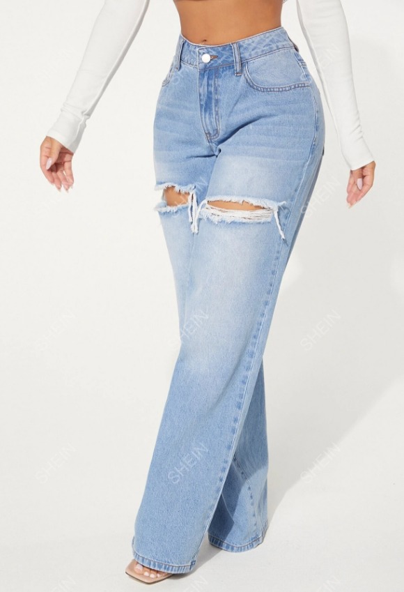 SXY Jeans con botón con abertura desgarro crudo de pierna ancha