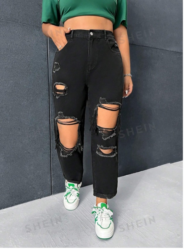 EZwear Plus High Waist Ripped Mom Fit Jeans