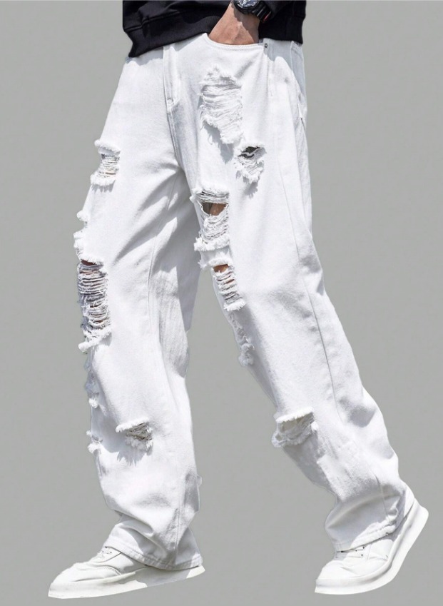 Teen Boy Casual Loose Fit Mid Waist Ripped Straight Leg Jeans
