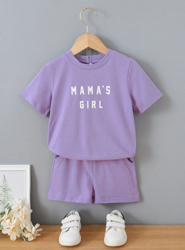Young Girl 2pcs/Set Casual Letter Print Short Sleeve Round Neck T-Shirt And Shorts Suit For Summer