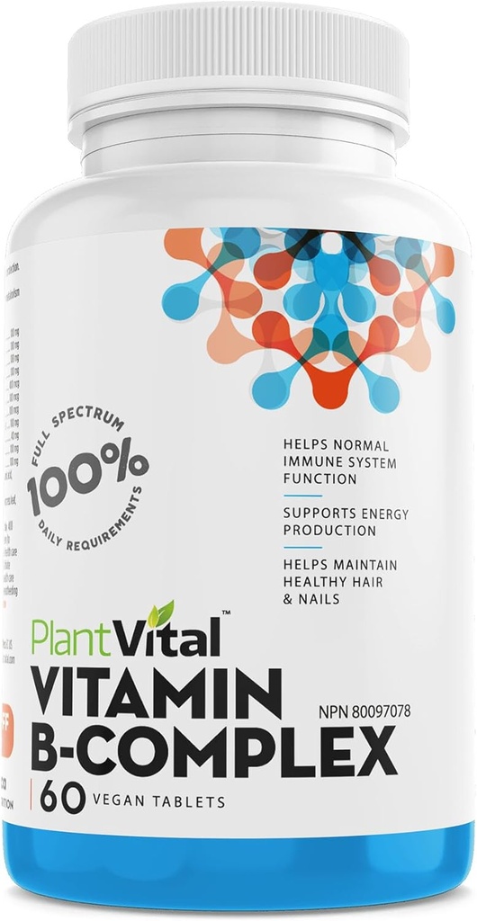 Complejo Vitamínico B Vegano Plantvital con Biotina, Niacina, Folato! Apoya la función inmunológica y hepática. ¡100% de B1, B2, B3, B5, B-6, B-12! SUMINISTRO DE 2 MESES. Apoya la producción de energía, el cabello, las uñas y la piel.
