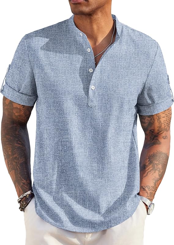 COOFANDY Camisa casual Henley de manga corta con cuello de banda para hombre, camisa de lino para verano, playa, hippie, camisetas