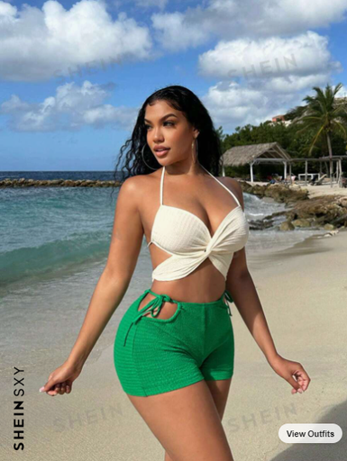 [SKU: sz2312042185815577] SXY Tight-Fitting Shorts With Textured Fabric, Side Cutouts Summer Vacation Holiday Beach Green
