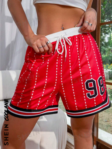 [SKU: sz2312203320933516] Coolane Personality & Minimalist Striped Design Sports Shorts With Digital Print And Drawstring Waist