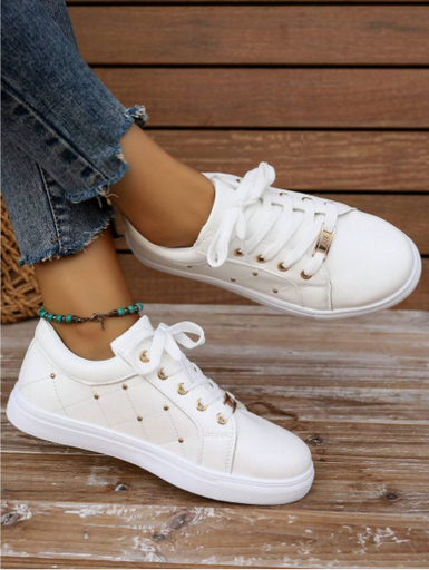 [SKU: sx2310234019005549] 2023 Autumn New Arrival Large Size Women's Shoes, Flat White Shoes With Round Toe, Simple Solid Color Casual Sneakers For Women