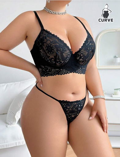 [SKU: si2402265313879929] Conjunto De 2 Piezas De Sujetador De Encaje Con Aro Para Mujeres De Talla Grande