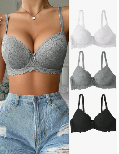 [SKU: si2310068615853824] 3 Piezas/set Sujetador De Encaje Con Anillo De Acero Para Mujer, Lencería