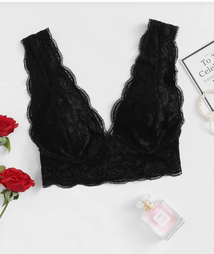 [SKU: lingerie180808618] Bralette De Encaje Floral Con Ribete De Borde Ondulado