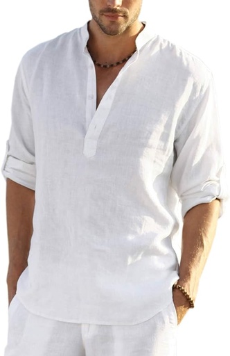 [ASIN ‏ : ‎ B08BL59PTB] COOFANDY - Camisa de lino y algodón con cuello Henley, de manga larga, estilo hippie, informal, camisetas de playa