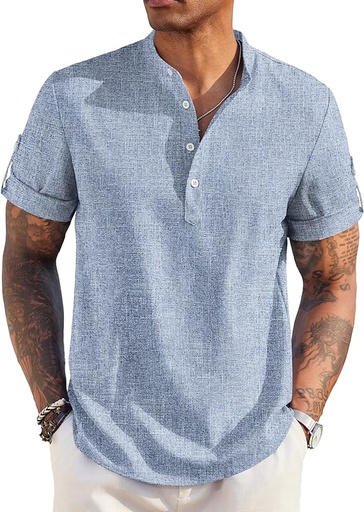 [ASIN ‏ : ‎ B0CMH33HP1] COOFANDY Camisa casual Henley de manga corta con cuello de banda para hombre, camisa de lino para verano, playa, hippie, camisetas