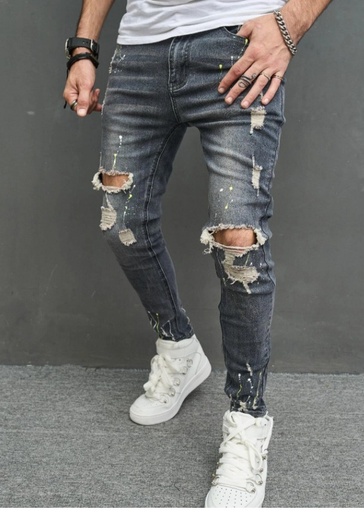 [sm2211153711332369] Manfinity LEGND Men Cotton Splash Ink Print Ripped Skinny Jeans