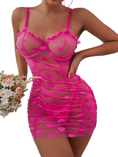 [ASIN ‏ : ‎ B0CF1YDBSS] SOLY HUX Lencería sexy de malla de corazón para mujer, ropa de dormir sin mangas con volantes y tanga