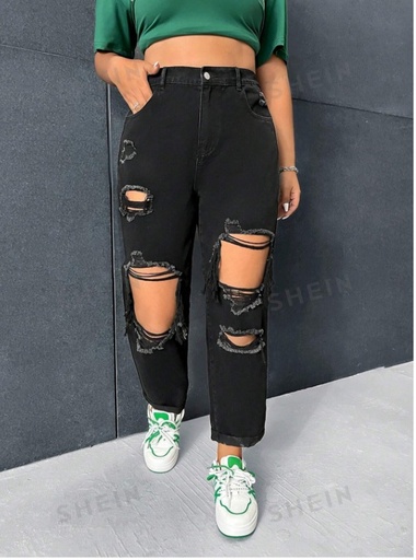 [sz2305087812345975] EZwear Plus High Waist Ripped Mom Fit Jeans