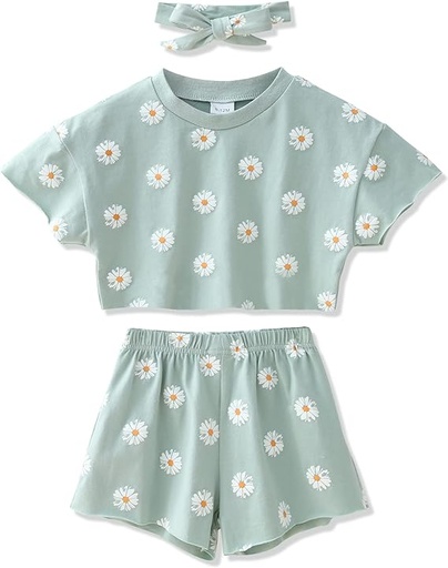 [ASIN ‏ : ‎ B09NBNG92X] WESIDOM Ropa para niñas pequeñas, trajes para niñas de 6M-5T, camisa con estampado floral de verano, pantalones cortos, diadema, 3 piezas, ropa de bebé