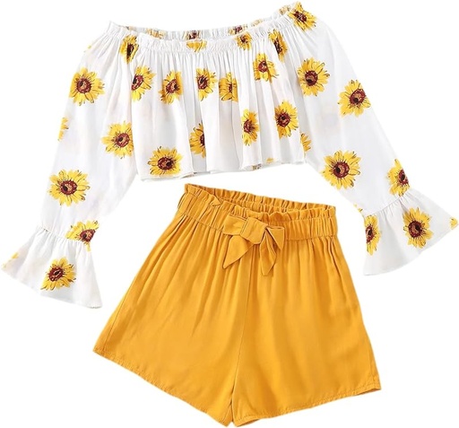 [ASIN ‏ : ‎ B0CG9JXXC3] SOLY HUX Conjunto de 2 piezas para niña, camiseta de manga larga y pantalones cortos con estampado floral bohemio para niñas