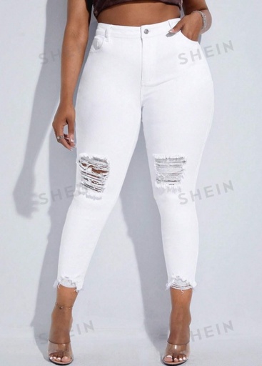 [sf2303024589914757] SXY Plus High Waist Ripped Raw Hem Skinny Cropped Jeans