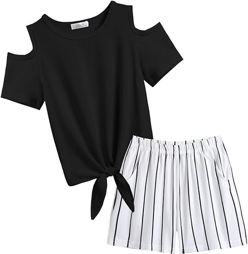 [ASIN ‏ : ‎ B0BRNB1JP3] Arshiner Conjunto corto de 2 piezas para niñas, camisetas de manga corta con nudo de corbata y pantalones cortos casuales con bolsillos