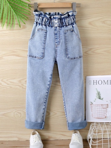 [sk2301067206823522] Tween Girl Paperbag Waist Pocket Patched Jeans
