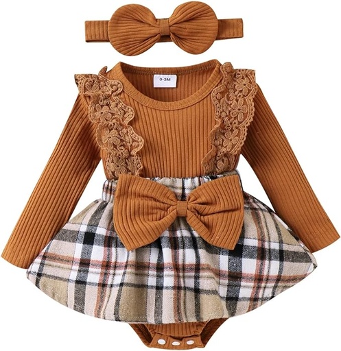 [ASIN ‏ : ‎ B0CKHH3NNW] Ropa de bebé niña para otoño e invierno, mameluco a cuadros, vestido de manga larga, vestido de encaje con volantes y diadema con lazo